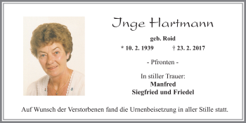 Traueranzeige von Inge Hartmann von Allgäuer Zeitung, Füssen