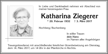 Traueranzeige von Katharina Ziegerer von Allgäuer Zeitung,Kempten