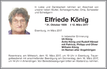 Traueranzeige von Elfriede König von Memminger Zeitung