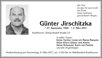 Traueranzeige von Günter Jirschitzka von Allgäuer Zeitung, Kaufbeuren/Buchloe