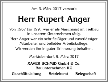 Traueranzeige von Rupert Anger von Allgäuer Zeitung, Marktoberdorf