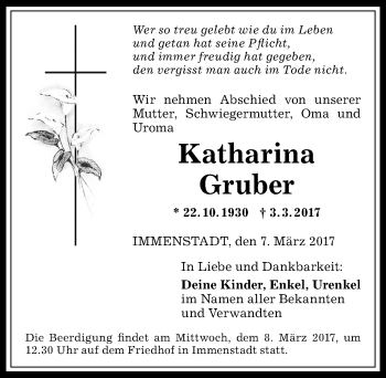 Traueranzeige von Katharina Gruber von Allgäuer Anzeigeblatt