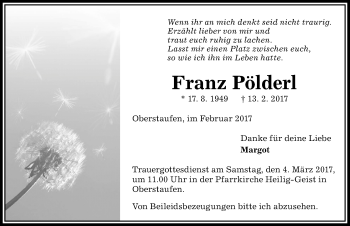 Traueranzeige von Franz Pölderl von Allgäuer Anzeigeblatt