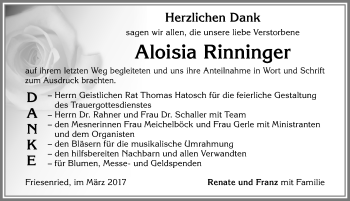 Traueranzeige von Aloisia Rinninger von Allgäuer Zeitung, Kaufbeuren/Buchloe