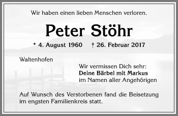Traueranzeige von Peter Stöhr von Allgäuer Zeitung,Kempten