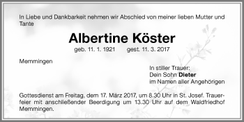 Traueranzeige von Albertine Köster von Memminger Zeitung