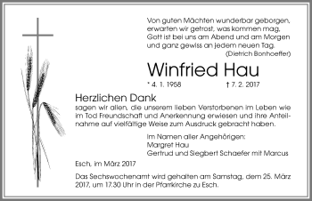 Traueranzeige von Winfried Hau von Memminger Zeitung