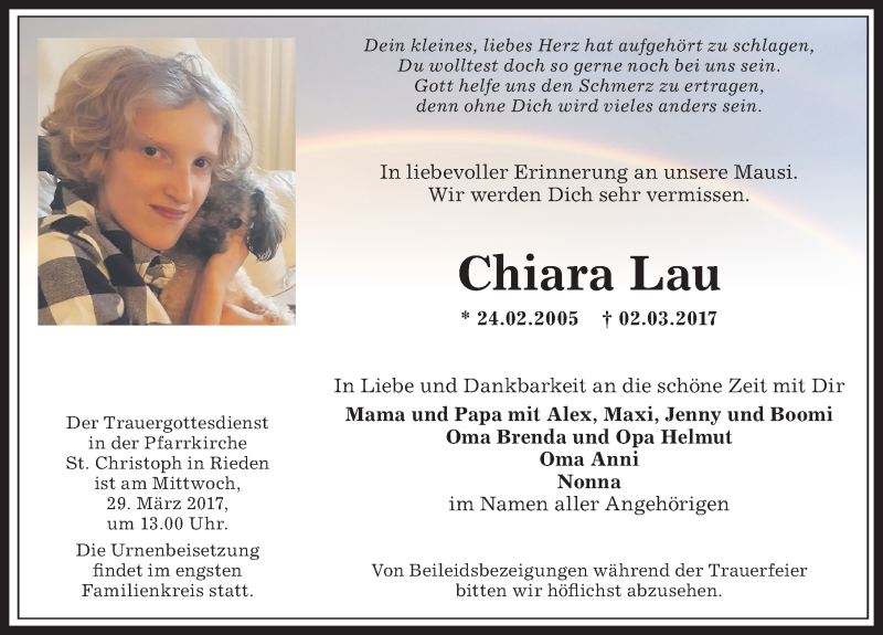  Traueranzeige für Chiara Lau vom 25.03.2017 aus Allgäuer Zeitung,Kempten