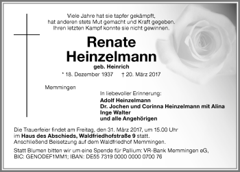 Traueranzeige von Renate Heinzelmann von Memminger Zeitung