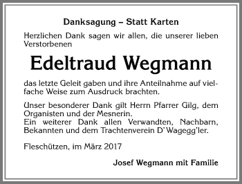 Traueranzeige von Edeltraud Wegmann von Allgäuer Zeitung,Kempten