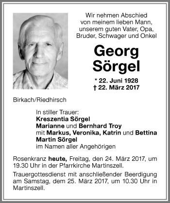 Traueranzeige von Georg Sörgel von Allgäuer Zeitung,Kempten