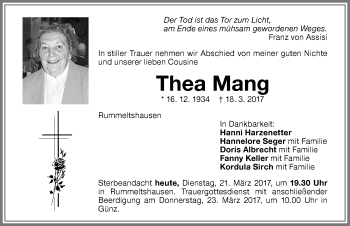 Traueranzeige von Thea Mang von Memminger Zeitung