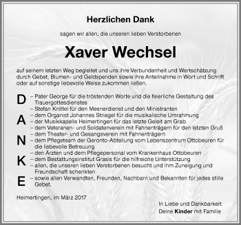 Traueranzeige von Xaver Wechsel von Memminger Zeitung