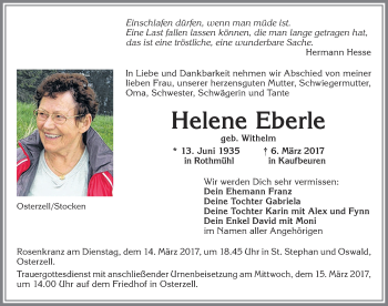 Traueranzeige von Helene Eberle von Allgäuer Zeitung, Kaufbeuren/Buchloe
