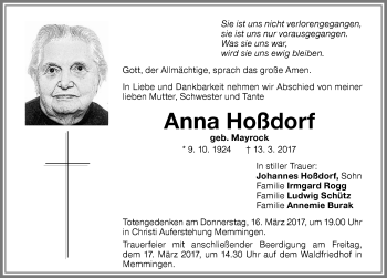 Traueranzeige von Anna Hoßdorf von Memminger Zeitung