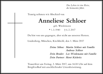 Traueranzeige von Anneliese Schloer von Der Westallgäuer