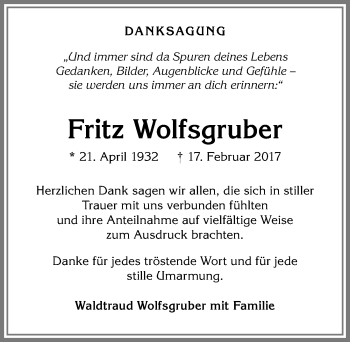 Traueranzeige von Fritz Wolfsgruber von Allgäuer Zeitung,Kempten