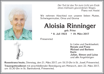 Traueranzeige von Aloisia Rinninger von Allgäuer Zeitung