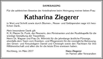 Traueranzeige von Katharina Ziegerer von Allgäuer Zeitung,Kempten
