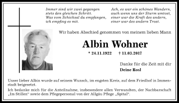 Traueranzeige von Albin Wohner von Allgäuer Anzeigeblatt