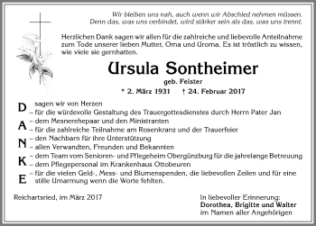 Traueranzeige von Ursula Sontheimer von Allgäuer Zeitung, Marktoberdorf