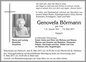 Traueranzeige von Genovefa Börmann von Allgäuer Zeitung, Marktoberdorf