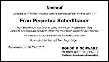 Traueranzeige von Perpetua Schedlbauer von Memminger Zeitung