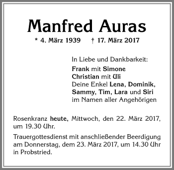 Traueranzeige von Manfred Auras von Allgäuer Zeitung,Kempten