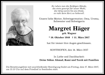 Traueranzeige von Margret Häger von Allgäuer Anzeigeblatt