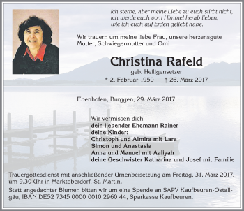 Traueranzeige von Christina Rafeld von Allgäuer Zeitung, Marktoberdorf