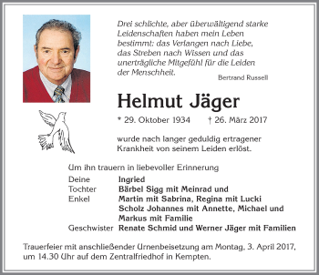 Traueranzeige von Helmut Jäger von Allgäuer Zeitung