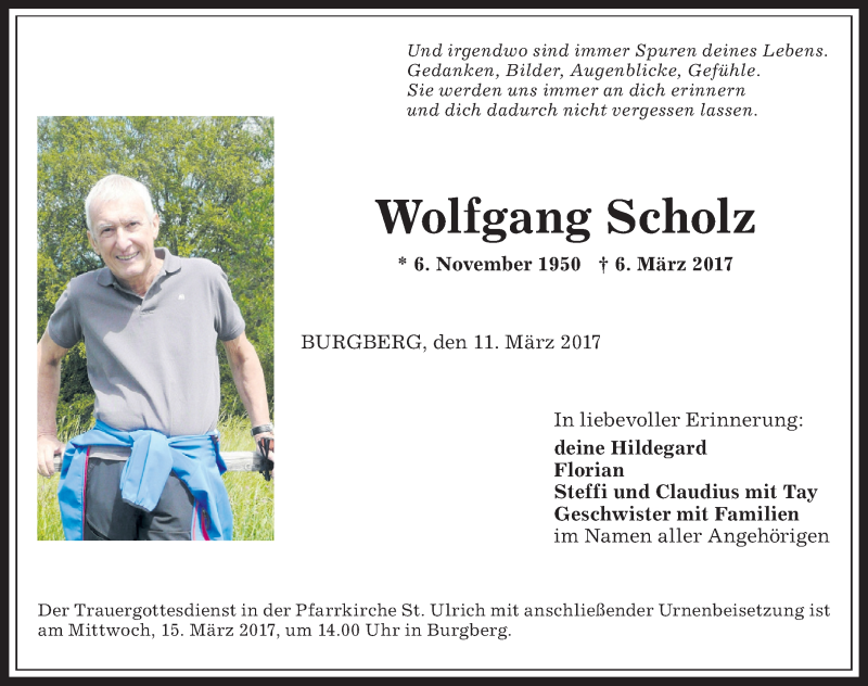  Traueranzeige für Wolfgang Scholz vom 11.03.2017 aus Allgäuer Zeitung
