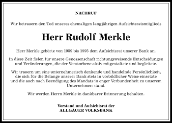 Traueranzeige von Rudolf Merkle von Allgäuer Anzeigeblatt