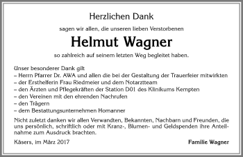 Traueranzeige von Helmut Wagner von Allgäuer Zeitung,Kempten