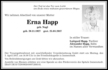 Traueranzeige von Erna Happ von Allgäuer Anzeigeblatt