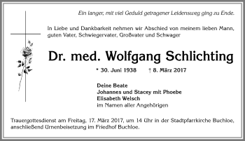 Traueranzeige von Wolfgang Schlichting von Allgäuer Zeitung, Kaufbeuren/Buchloe