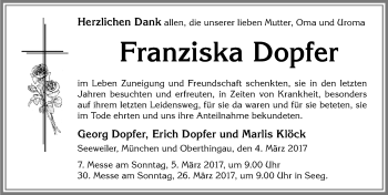 Traueranzeige von Franziska Dopfer von Allgäuer Zeitung, Füssen