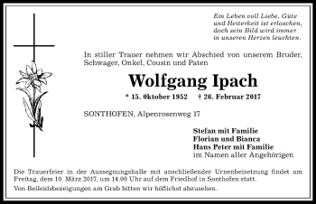 Traueranzeige von Wolfgang Ipach von Allgäuer Anzeigeblatt