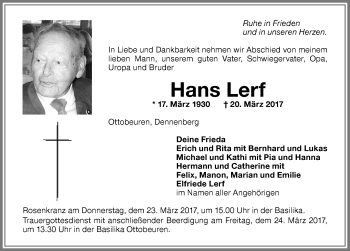 Traueranzeige von Hans Lerf von Memminger Zeitung