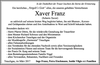 Traueranzeige von Xaver Franz von Allgäuer Zeitung, Füssen