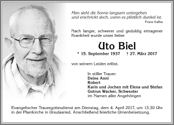 Traueranzeige von Uto Biel von Allgäuer Zeitung,Kempten