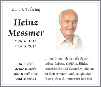 Traueranzeige von Heinz Messmer von Allgäuer Zeitung, Kaufbeuren/Buchloe