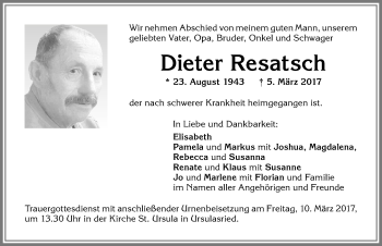 Traueranzeige von Dieter Resatsch von Allgäuer Zeitung,Kempten