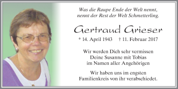 Traueranzeige von Gertraud Grieser von Allgäuer Zeitung, Füssen