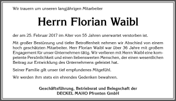 Traueranzeige von Florian Waibl von Allgäuer Zeitung, Füssen