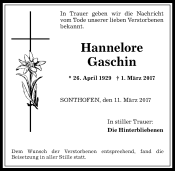Traueranzeige von Hannelore Gaschin von Allgäuer Anzeigeblatt