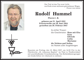 Traueranzeige von Rudolf Hummel von Allgäuer Anzeigeblatt