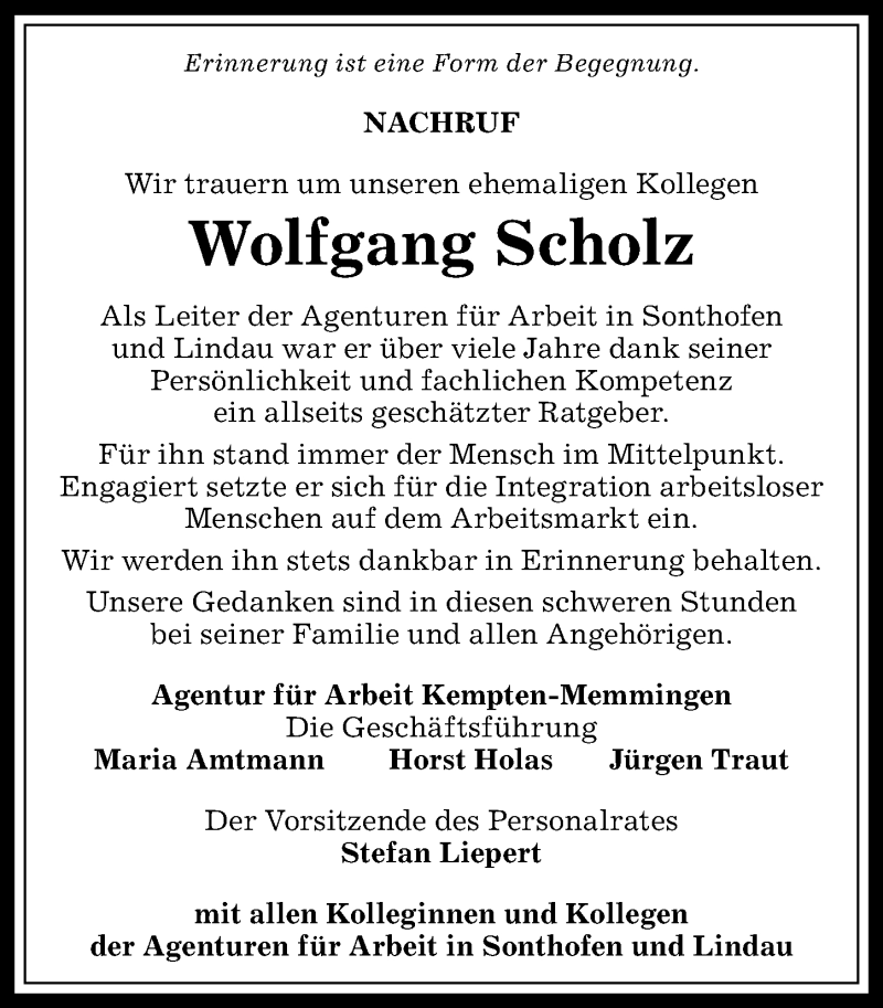  Traueranzeige für Wolfgang Scholz vom 13.03.2017 aus Allgäuer Anzeigeblatt