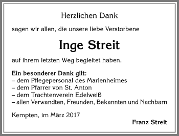 Traueranzeige von Inge Streit von Allgäuer Zeitung,Kempten