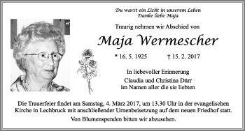 Traueranzeige von Maja Wermescher von Allgäuer Zeitung, Füssen